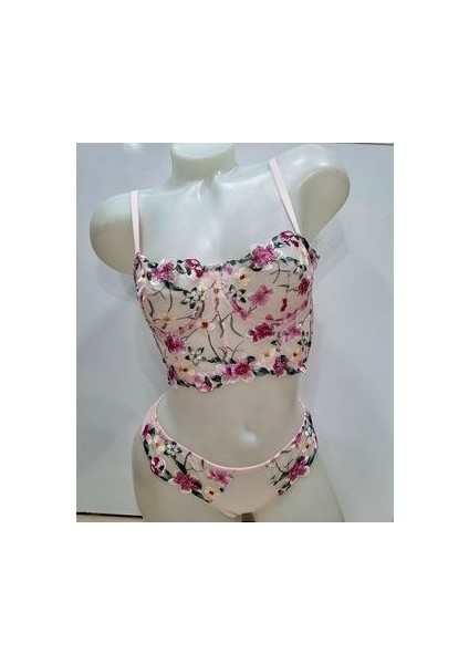 Tül Dantel Çiçekli Nakışlı Büstiyer Bralet Sütyen Takım