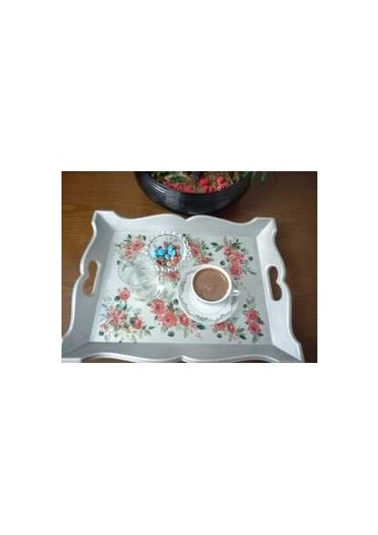 Ahşap El Boyaması Tepsi 28X36 cm