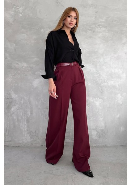 Kadın Kemer Detaylı Palazzo Kesim Pantolon