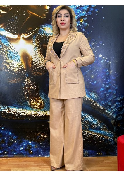 Takım Ceket Pantolon Krem Yüksek Kaliteli Ayna Işlemleri Astarlı, Düğmeli ve Cepli Likrali