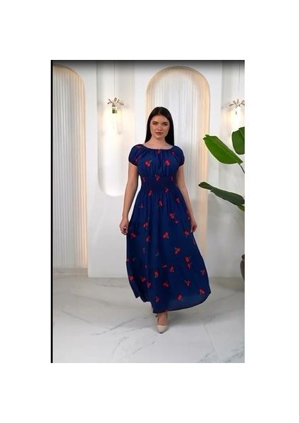 Madonya Yaka Kiraz Desen Gipeli Kısa Kol Sıtandart 38-48 Bedenlere Olur Poplin Kat Elbise
