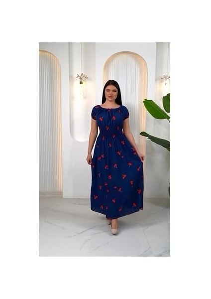 Madonya Yaka Kiraz Desen Gipeli Kısa Kol Sıtandart 38-48 Bedenlere Olur Poplin Kat Elbise fiyatları