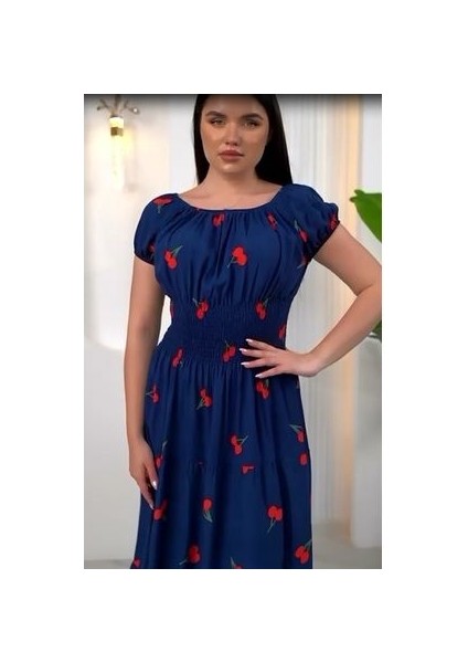 Madonya Yaka Kiraz Desen Gipeli Kısa Kol Sıtandart 38-48 Bedenlere Olur Poplin Kat Elbise modelleri