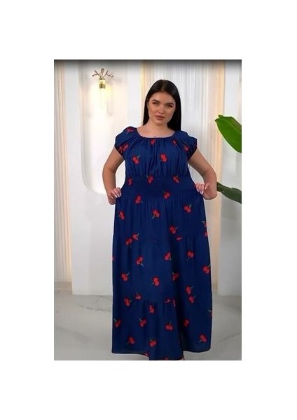 Madonya Yaka Kiraz Desen Gipeli Kısa Kol Sıtandart 38-48 Bedenlere Olur Poplin Kat Elbise fırsatları