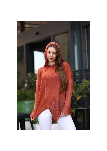 Etnik Bohem Otantik Tarz Asimetrik Yıkamalı Salaş Kapşonlu Pamuk Standart Beden Triko Tnik