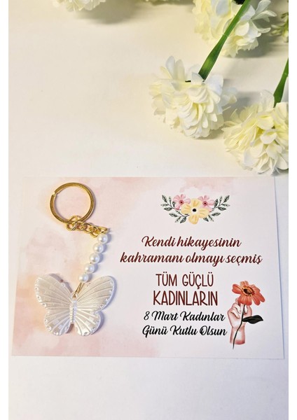 Kadınlar Günü Hediyesi Incili Kelebek Anahtarlık Kartlı Jelatinli 50 Adet
