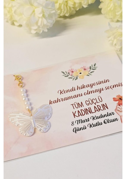 Kadınlar Günü Hediyesi Incili Kelebek Anahtarlık Kartlı Jelatinli 50 Adet modelleri