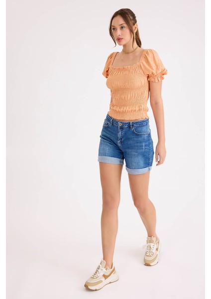 Kare Yaka Viskon Keten Crop Bluz