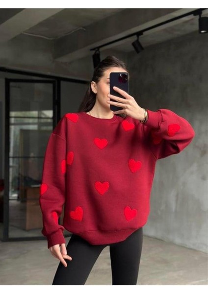 Kalp Nakışlı 3 Iplik Şardonlu Sweatshırt