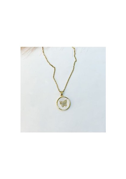 Çelik Kelebek Desenli Gold Kolye