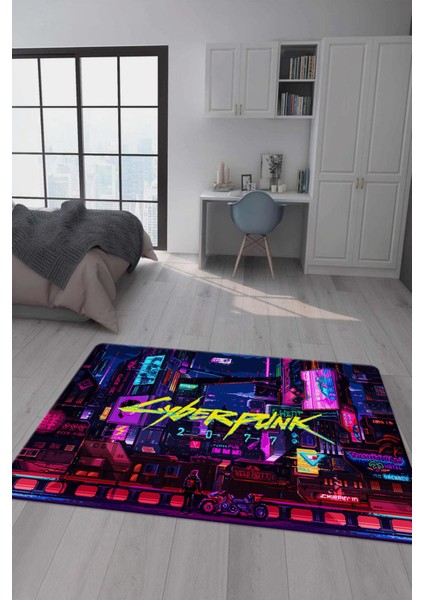 Kaymaz Taban Makinada Yıkanabilir Dijital Baskı Cyperpunk Desenli Çocuk Odası Halısı Dot Taban Halı RHR10