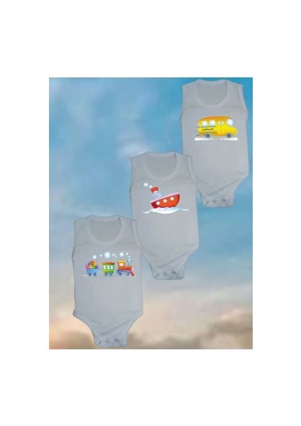Ribana 3'lü Tren Baskılı Yazılı Bebek Body & Zıbın Atlet Çıtçıtlı