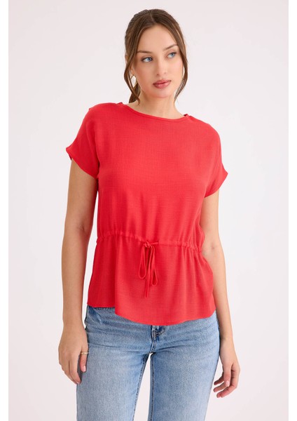 Yuvarlak Yaka Beli Büzgülü Keten Bluz