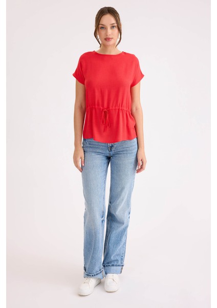 Yuvarlak Yaka Beli Büzgülü Keten Bluz fiyatları