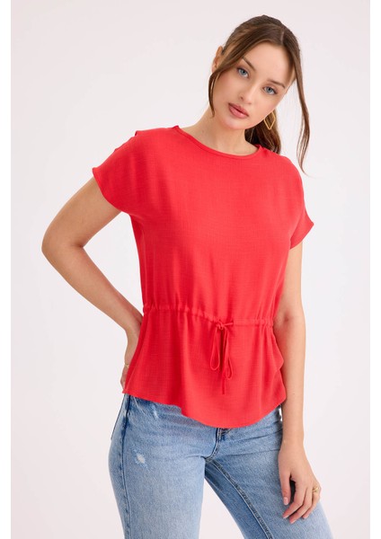 Yuvarlak Yaka Beli Büzgülü Keten Bluz modelleri