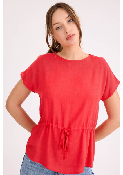 Yuvarlak Yaka Beli Büzgülü Keten Bluz fırsatları