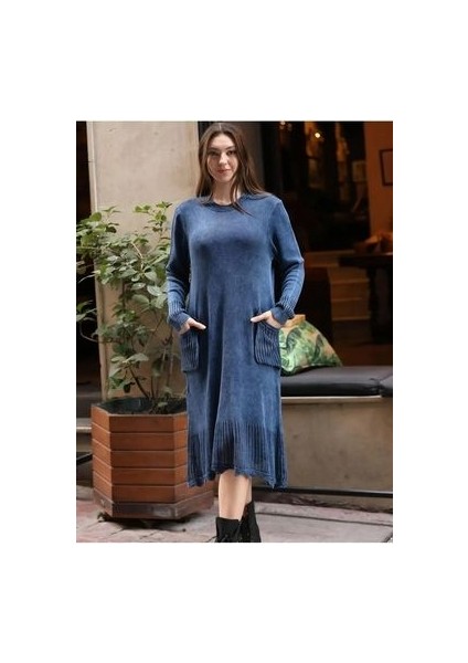 Otantik %100 Pamuk Triko Uzun Kollu Cepli Yıkamalı Elbise