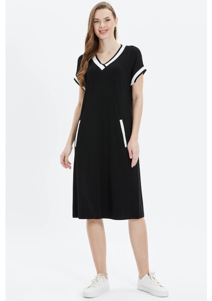 Yakası ve Fleto Cebi Ribanalı Penye Elbise