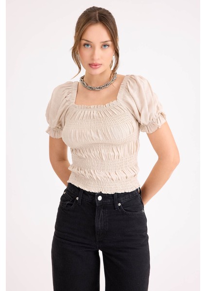 Kare Yaka Viskon Keten Crop Bluz