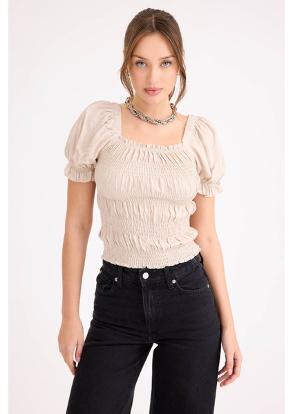 Kare Yaka Viskon Keten Crop Bluz modelleri