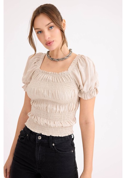 Kare Yaka Viskon Keten Crop Bluz fırsatları