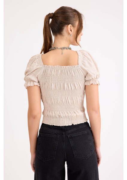 Kare Yaka Viskon Keten Crop Bluz indirimleri