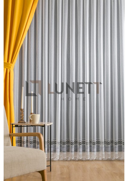 Kullanıma Hazır Ekru Renk Efes Desen (1x3) Sık Pileli Tül Perde