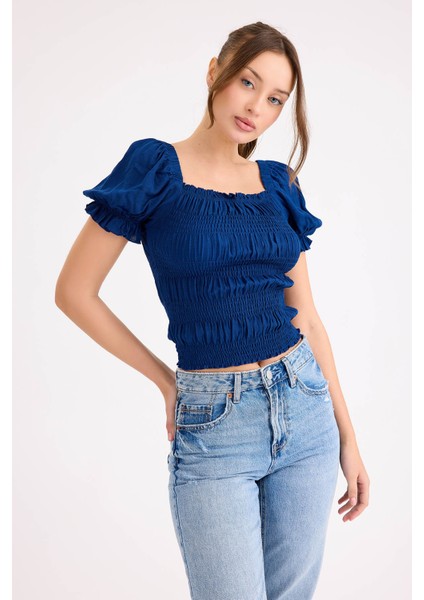 Kare Yaka Viskon Keten Crop Bluz