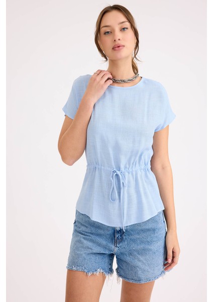 Yuvarlak Yaka Beli Büzgülü Keten Bluz modelleri