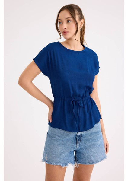 Yuvarlak Yaka Beli Büzgülü Keten Bluz modelleri