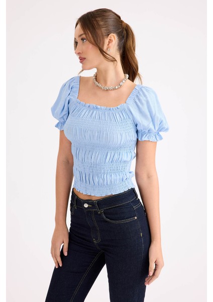 Kare Yaka Viskon Keten Crop Bluz modelleri