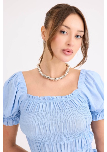Kare Yaka Viskon Keten Crop Bluz fırsatları
