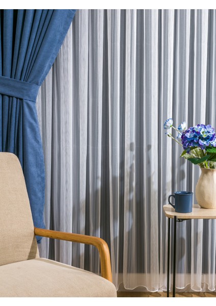 Kullanıma Hazır Ekru Renk Sinefru Desen (1x3) Sık Pileli Tül Perde