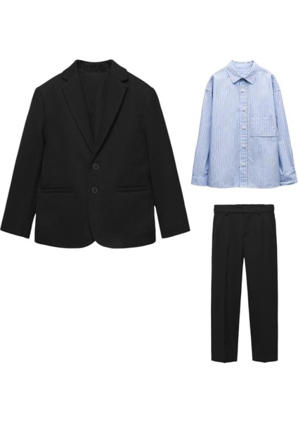 2-10 Yaş Jakar Örme Kumaşlı Mavi Gömlekli Pantolonlu Takım