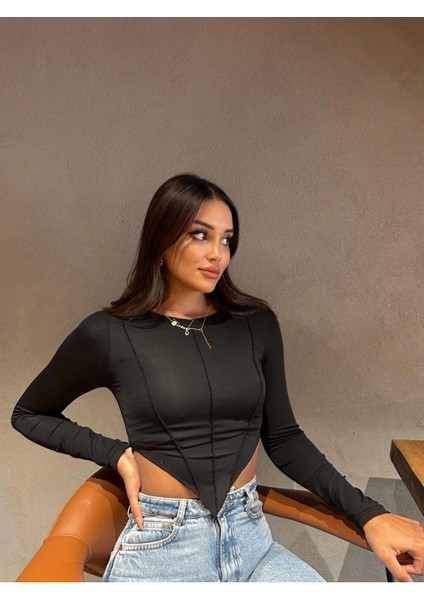 Dikiş Detaylı Asimetrik Crop Top Mevsimlik Kumaş