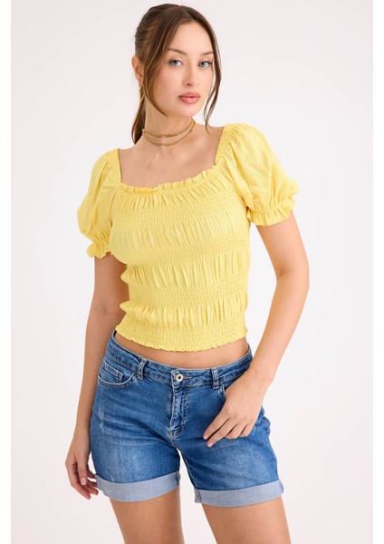 Kare Yaka Viskon Keten Crop Bluz