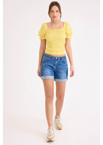 Kare Yaka Viskon Keten Crop Bluz fiyatları