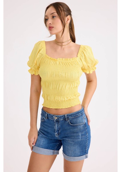 Kare Yaka Viskon Keten Crop Bluz modelleri