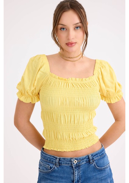 Kare Yaka Viskon Keten Crop Bluz fırsatları