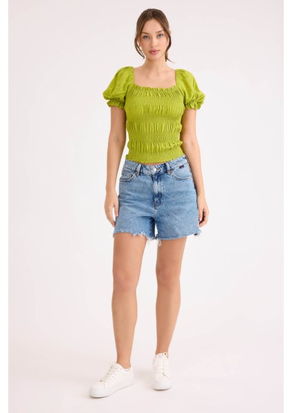 Kare Yaka Viskon Keten Crop Bluz fiyatları