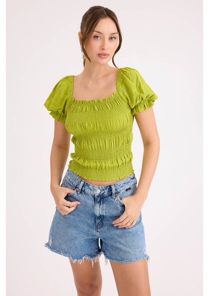 Kare Yaka Viskon Keten Crop Bluz modelleri