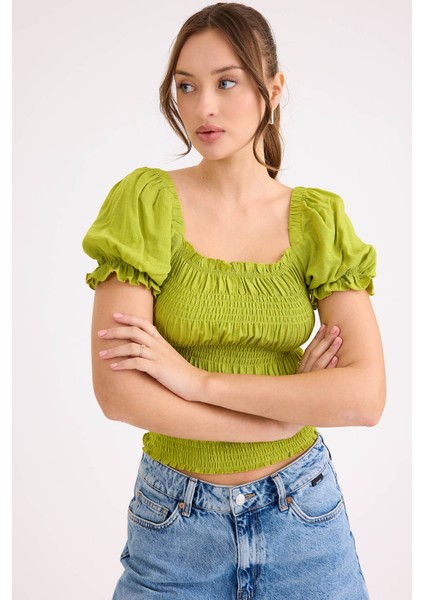 Kare Yaka Viskon Keten Crop Bluz fırsatları