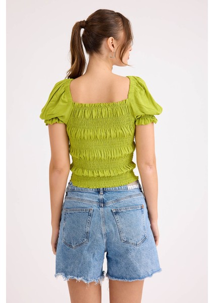 Kare Yaka Viskon Keten Crop Bluz indirimleri