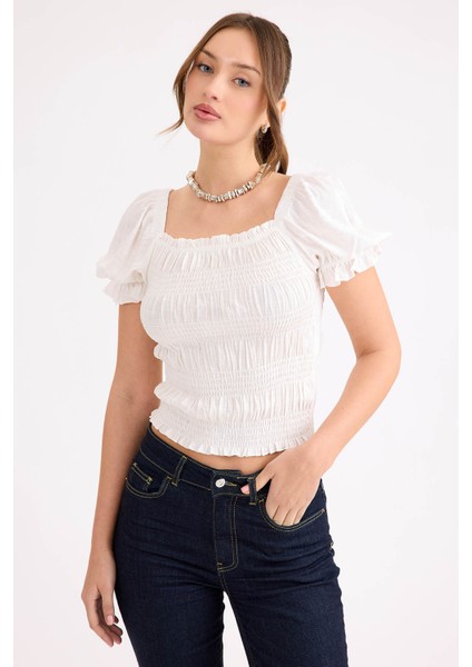 Kare Yaka Viskon Keten Crop Bluz