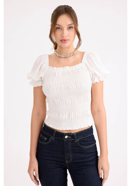 Kare Yaka Viskon Keten Crop Bluz modelleri