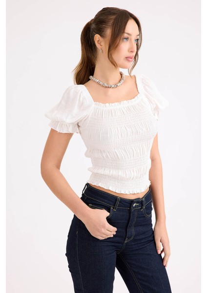 Kare Yaka Viskon Keten Crop Bluz fırsatları