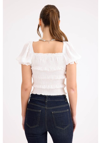 Kare Yaka Viskon Keten Crop Bluz indirimleri