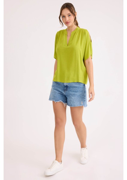 Hakim Yaka Kol Detaylı Keten Bluz modelleri