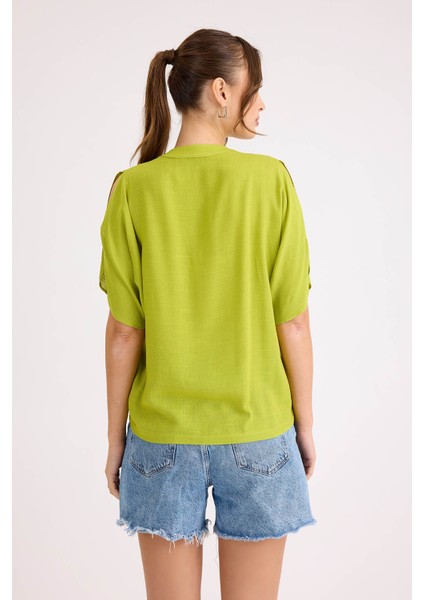 Hakim Yaka Kol Detaylı Keten Bluz fırsatları