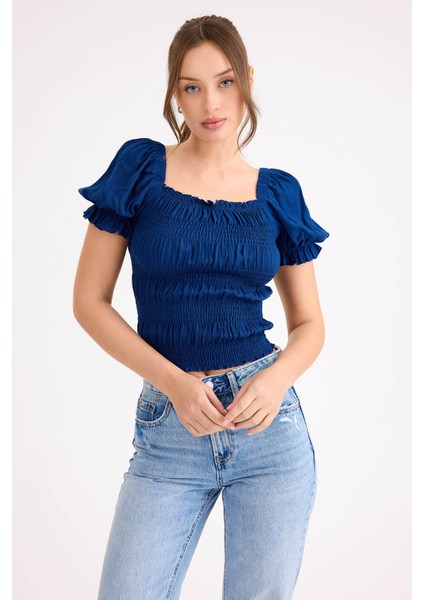 Kare Yaka Viskon Keten Crop Bluz